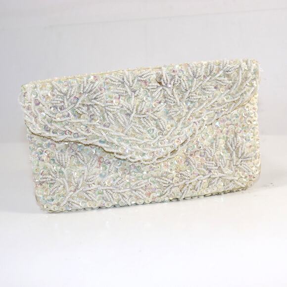 Vintage Beaded Sequin Clutch Purse Ivory Evening Bag - Picture 1 of 5